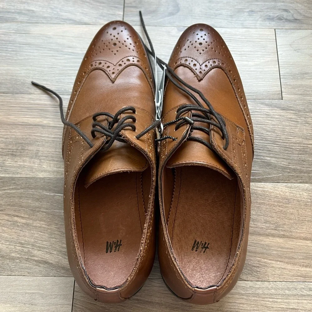 NWT H&M Real Leather Men’s Dress Shoes Size 42 EU Men’s 9 Cognac Brown Lace Up - Picture 3 of 8